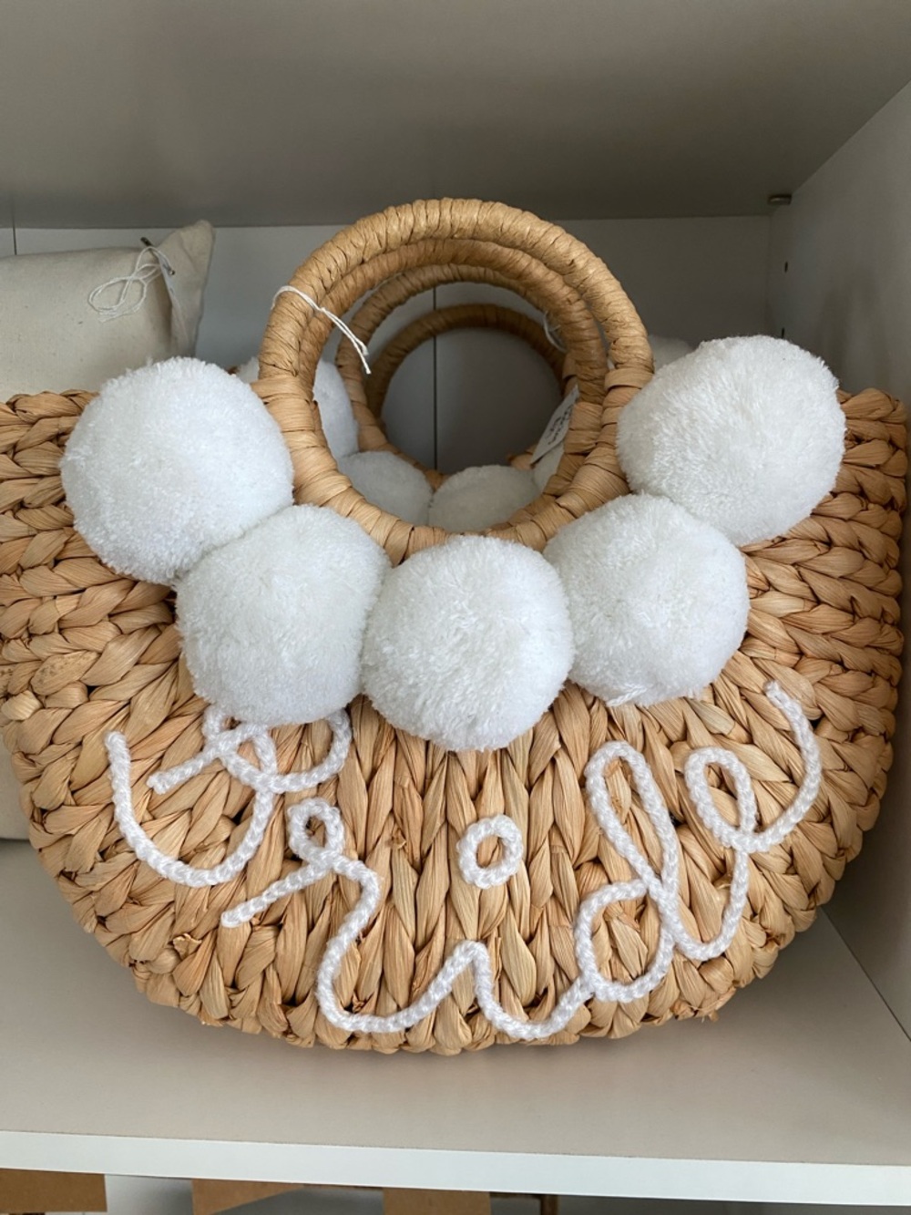 Pom-Pom Straw Tote Bag with 'Bride' Script